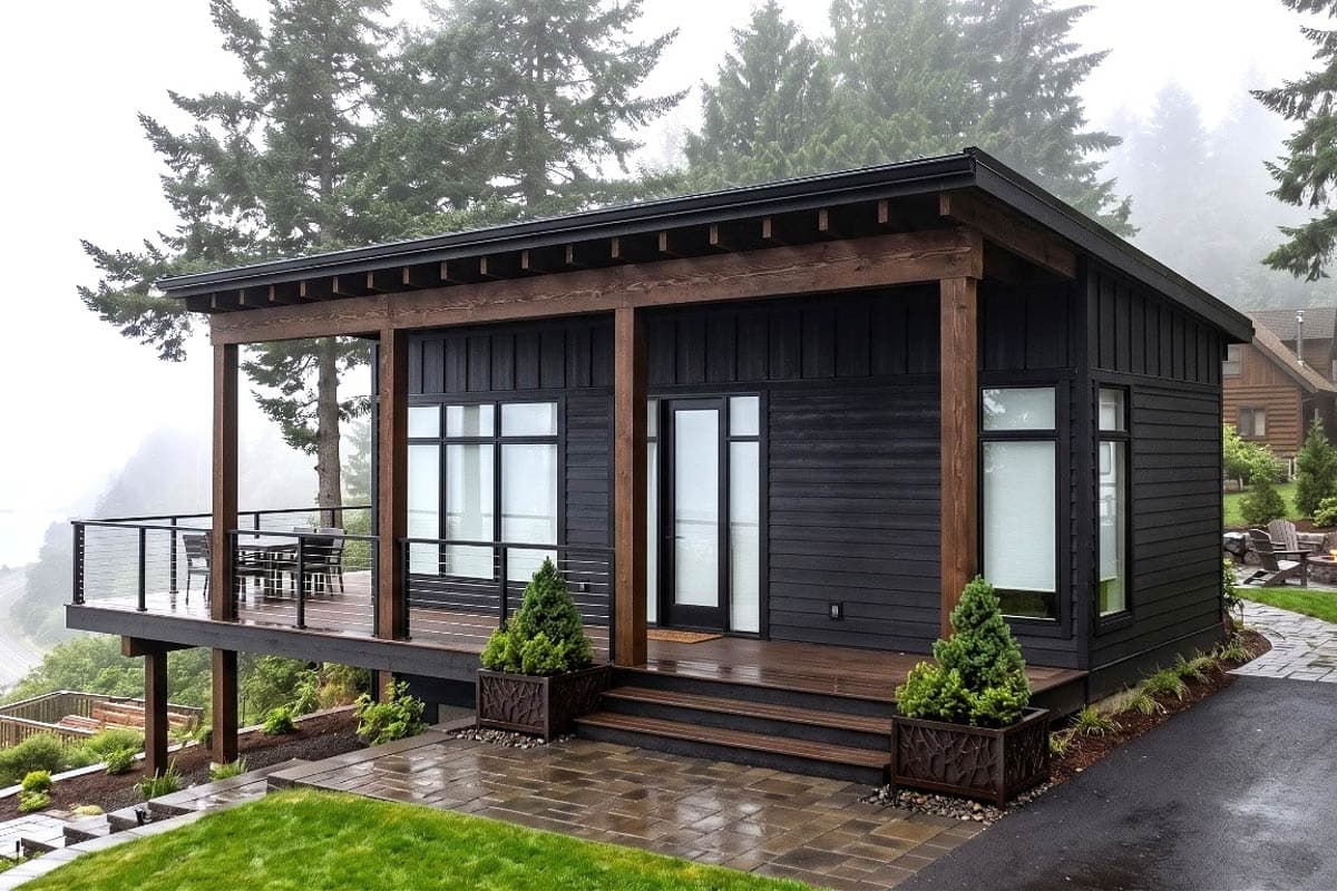 Plan 421052HFC — Modern Mountain Cabin Tiny House Plan with Porch and Deck