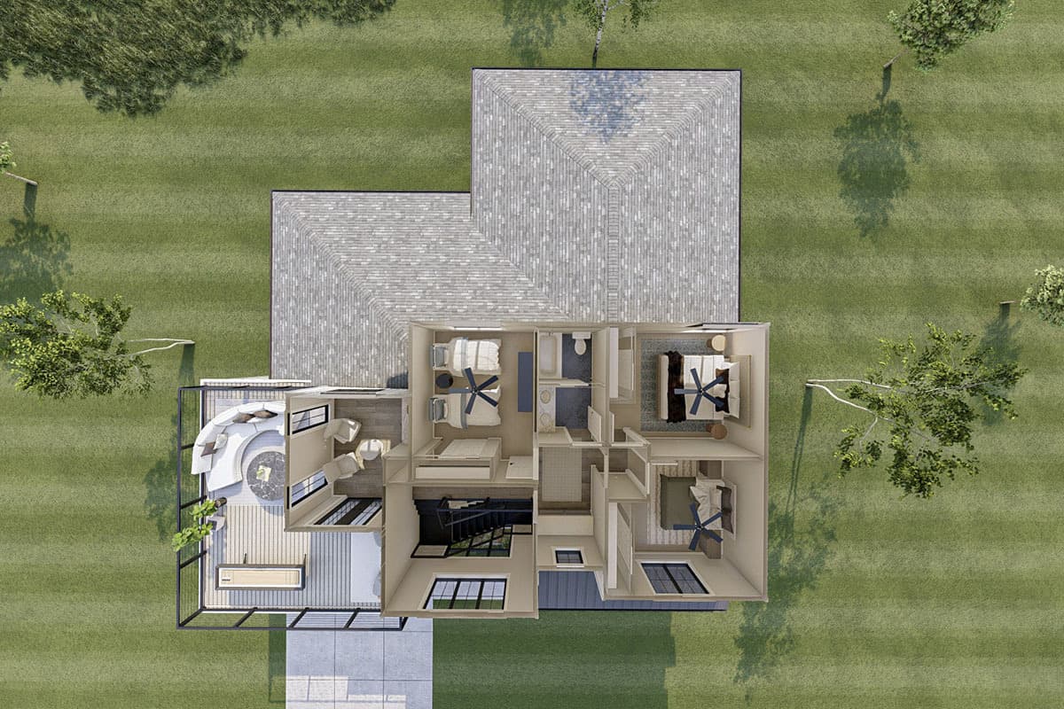 modern farmhouse plan bird's eye view