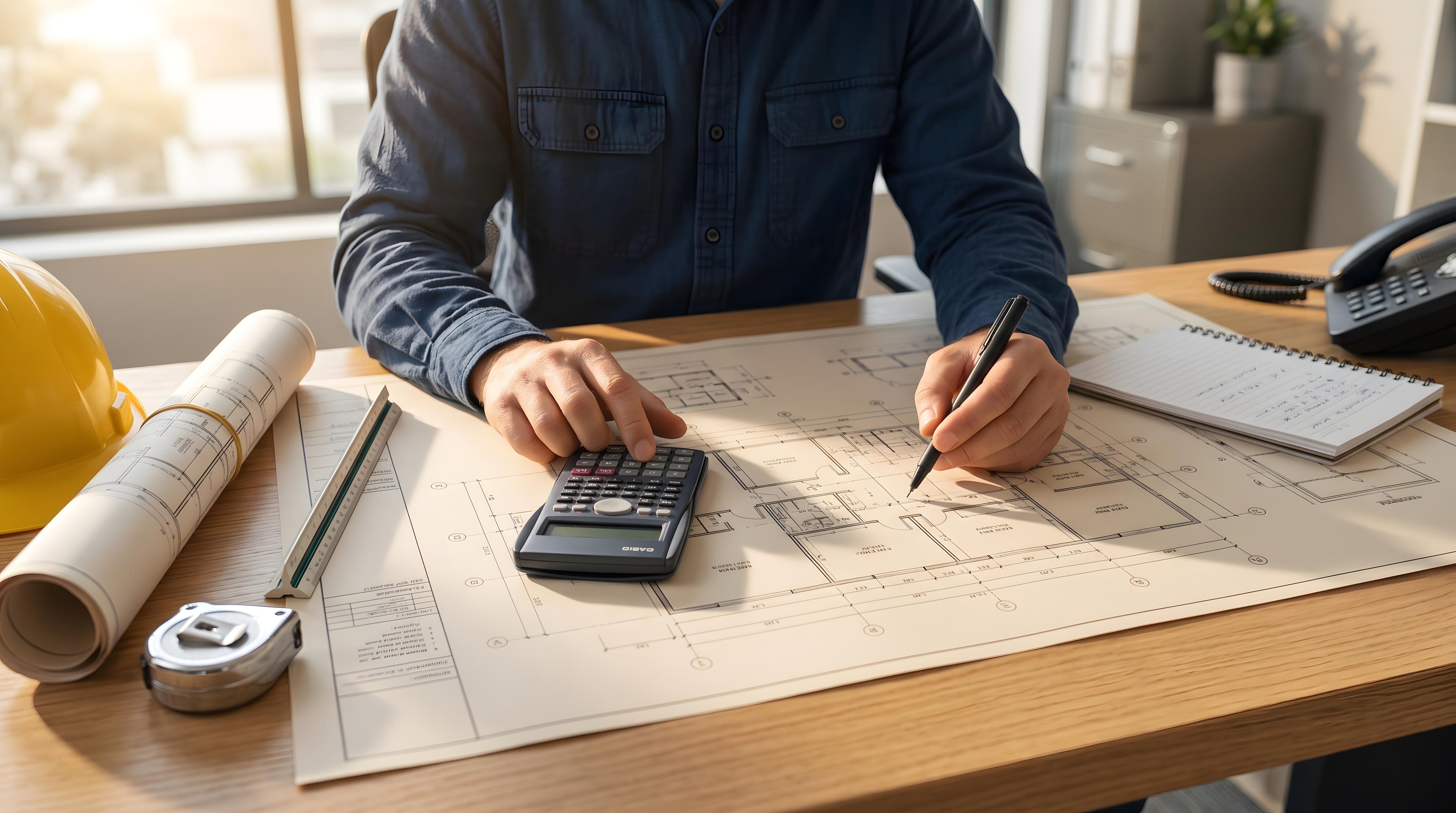 Featured blog image - An architect's desk with a house blueprint, calculator, and drafting tools, representing the cost of planning a home build