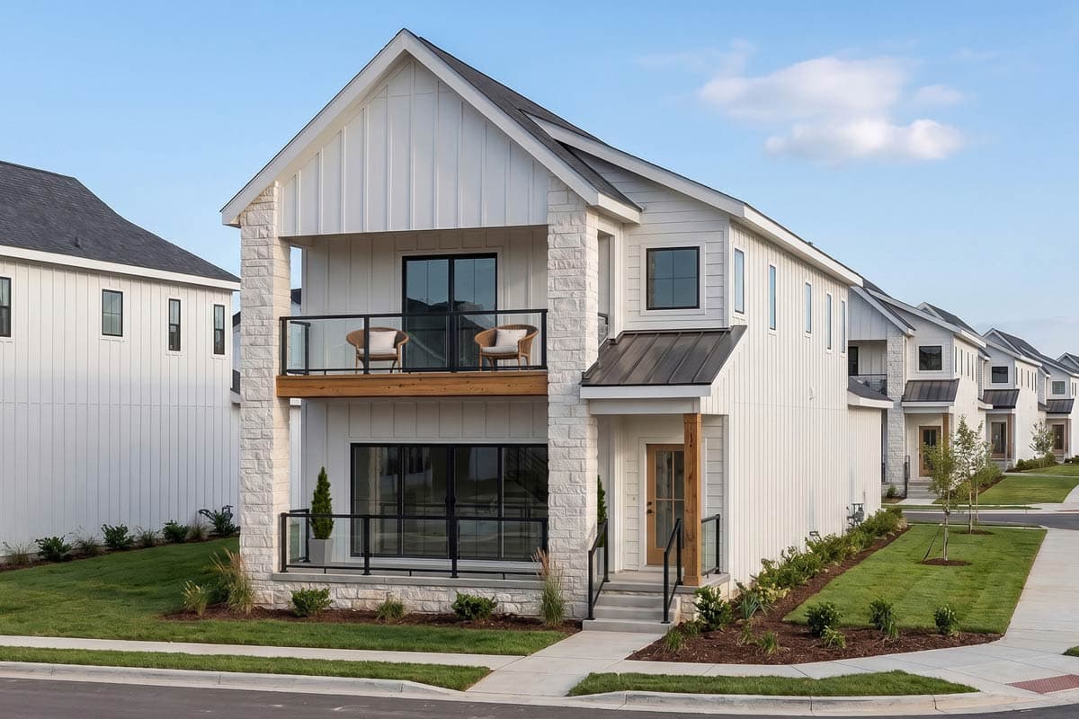 Featured blog image - Exterior of a two-story narrow lot house plan with board-and-batten siding, stone accents, and stacked outdoor balconies on the main and second floors.