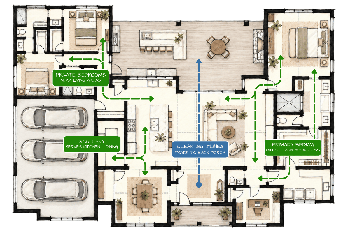 Plan 421033HFC Floor Plan With Circulation Paths and Sightlines