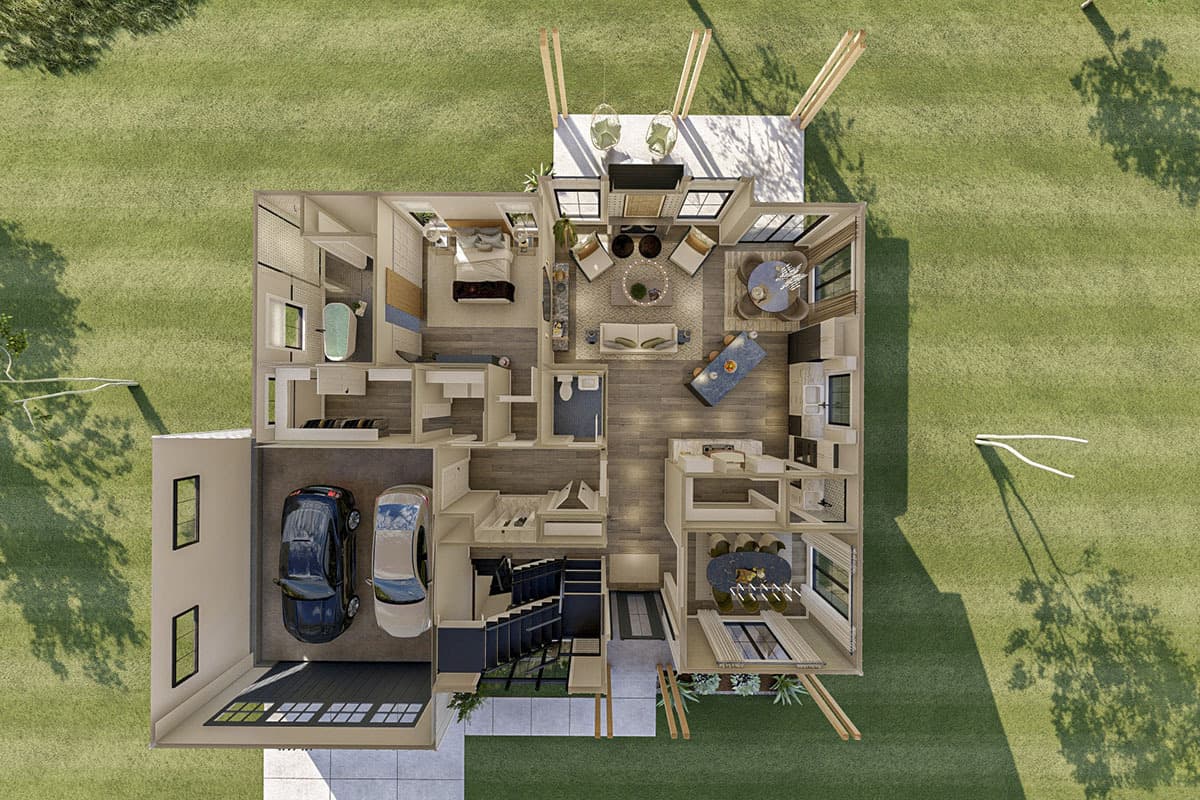 Farmhouse Plan Bird's eye view