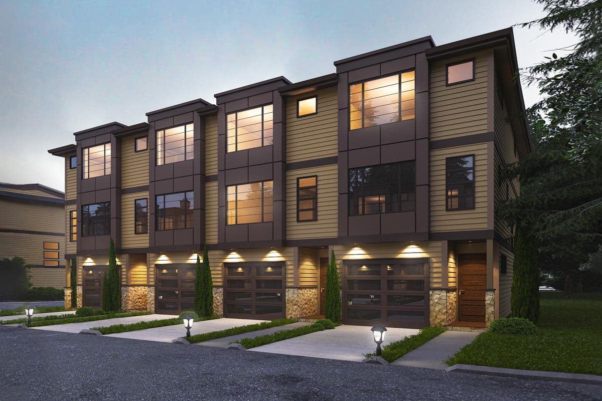 Plan 666129RAF
Modern 4-Plex House Plan with Match 2 Bed and 2.5 Bath Units / Townhouses Architectural Designs